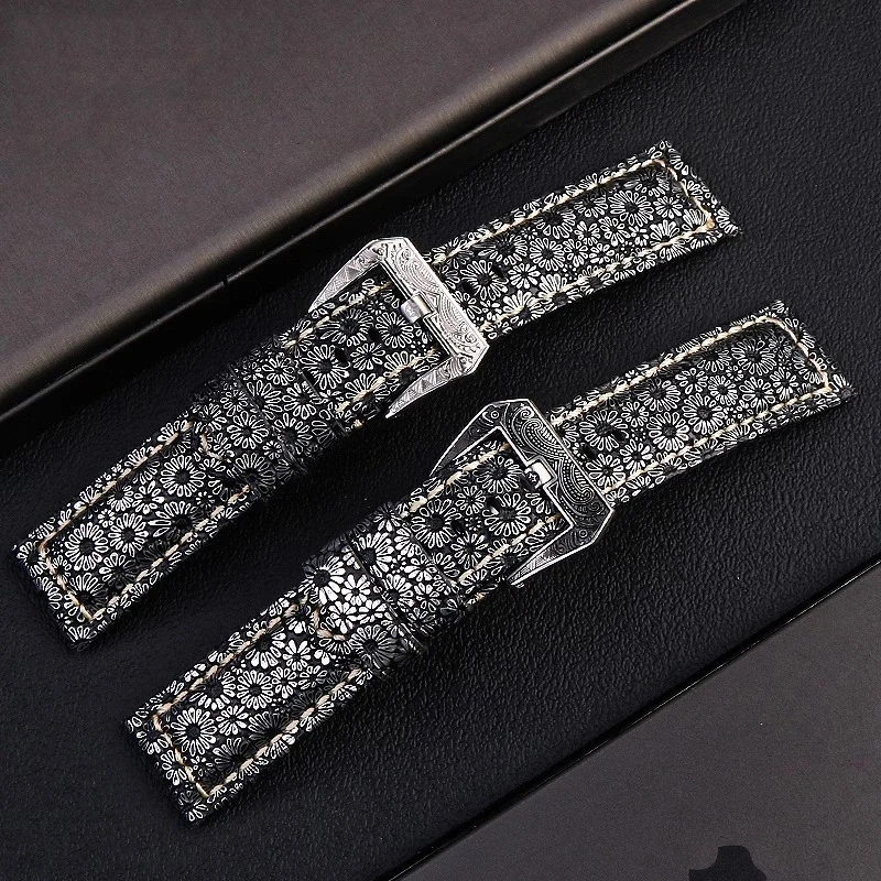 ل بانيراي PAM111 441 1312 حزام من الجلد الطبيعي لومينور ريترو جلد البقر الرجال 22 مللي متر 24 مللي متر 26 مللي متر منحوتة مشبك الرجعية زهرة حزام الساعات