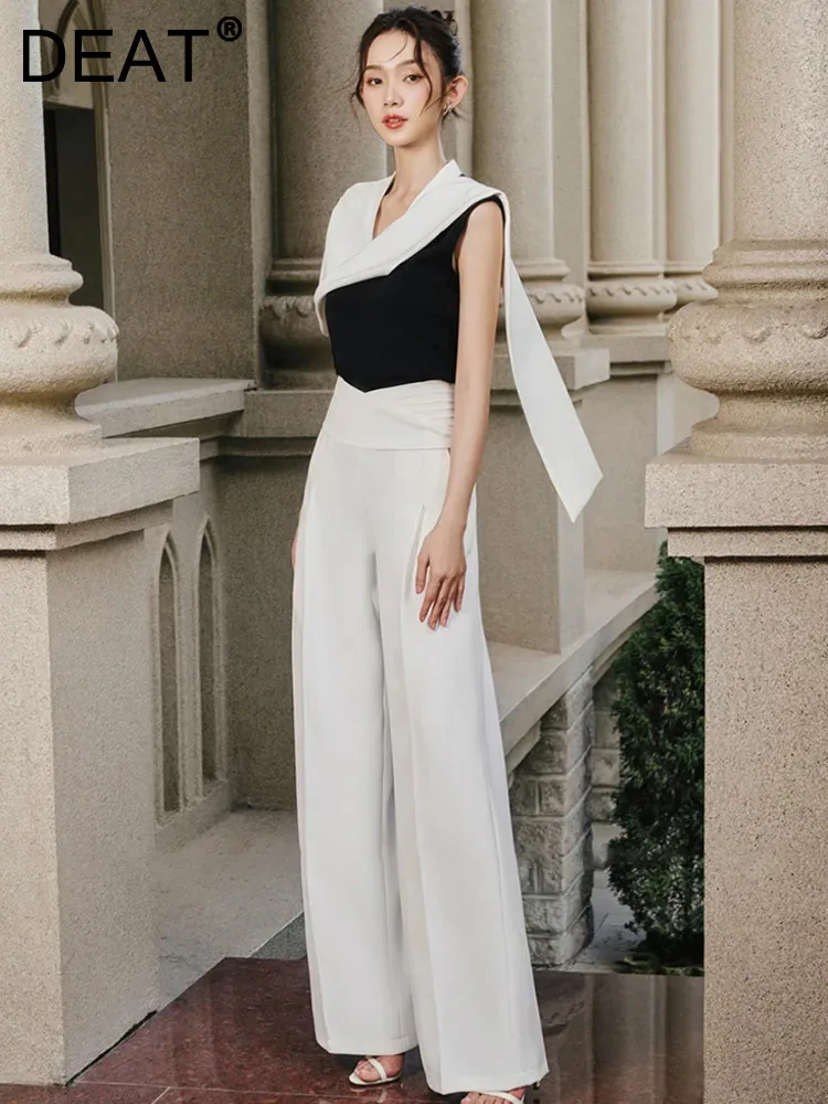 

DEAT Elegant 2 Pcs Set Slash Sleeve Ribbon Contrast Color Top High Waist Loose Wide Leg Pants Suit Summer 2024 New Tide 13DB5138