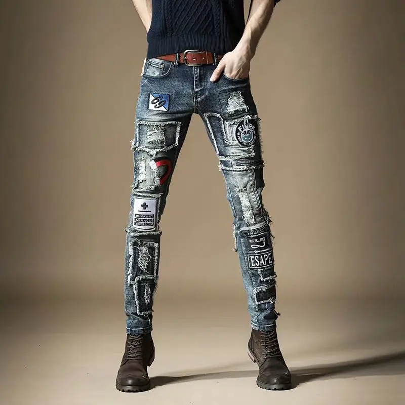 Men’s Light Luxury Street Fashion Beggar Jeans,Wear-proof Retro Style Patchwork Embroidery Jeans,Slim-fit Trendy Casual Jeans;