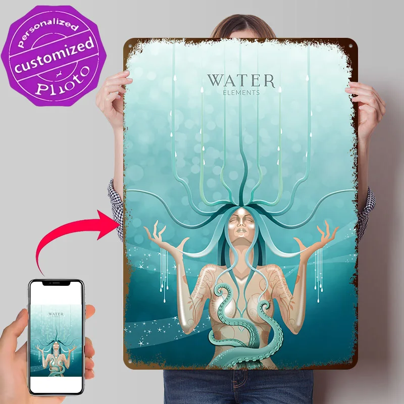 Elements Water Personalized 3D Textured Metal Poster Wall Art Vintage Tin Signs for Aesthetic Decoration Room Man Cave Wand Deko