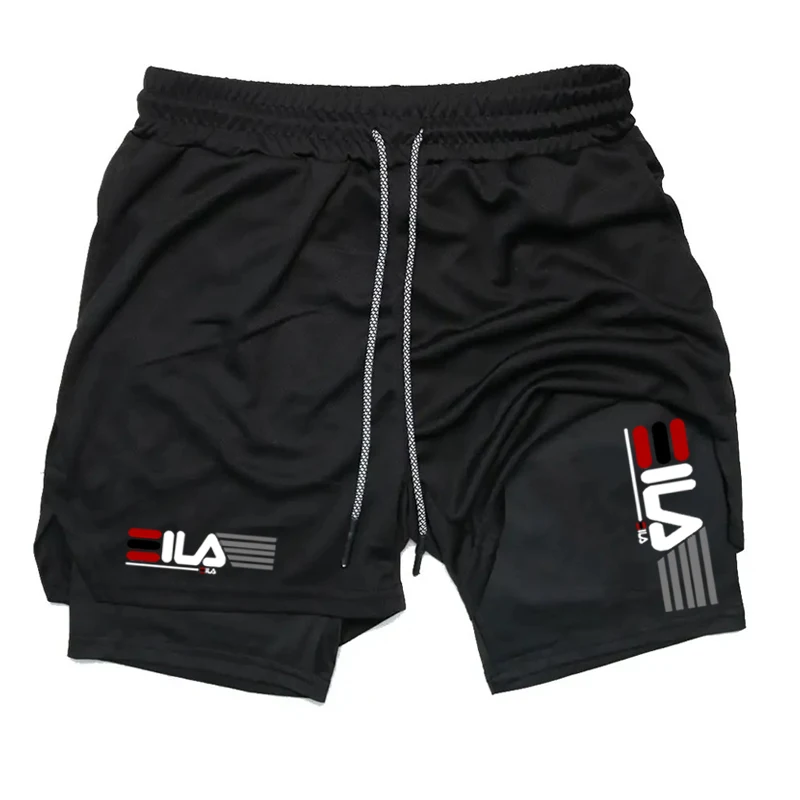 Double Deck Men's Compression Summer Gym Fitness 2-In-1 Double Layer Breathable Running Sports Shorts Casual Quick-Drying Beach