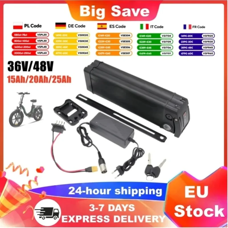 36V/48V Silver Fish Lithium-Akkupack 15Ah 20Ah 25Ah Ersatzakku für COLORWAY Hitway BK3S BK5 BK5S BK6 BK6S BK8 BK8S BK11 BK31 BK37 für OneSport BK6 EVERCROSS EK5 EK6 Faltbares Elektrofahrrad