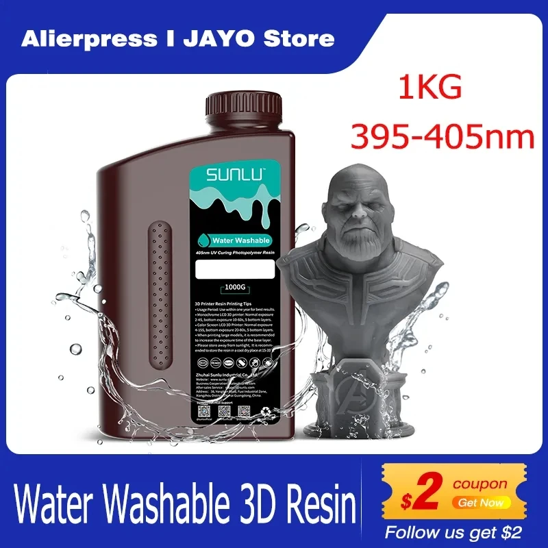 SUNLU/JYAO Water Washable 1kg 395-405nm UV Curing 3D Printing Photopolymer Resin for 2K 4K 8K LCD DLP SLA Resin 3D Printers