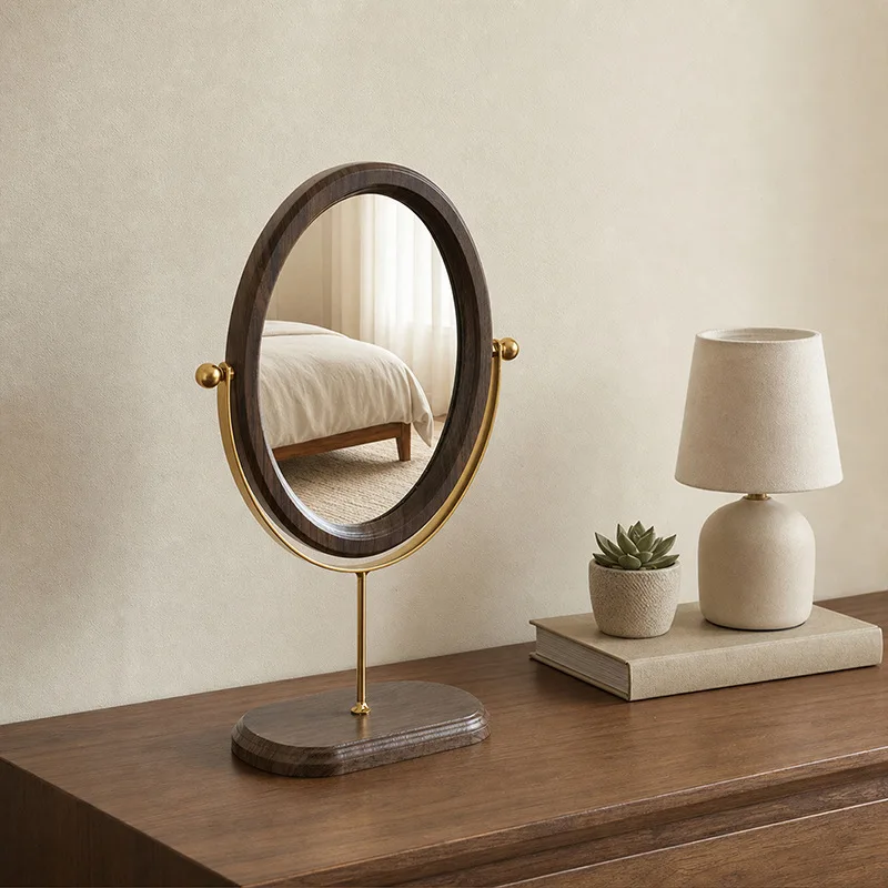 Vintage Walnut Color Light Luxury Mirror Desktop Makeup Mirror Rotatable Vertical Dressing Mirror For Bedroom