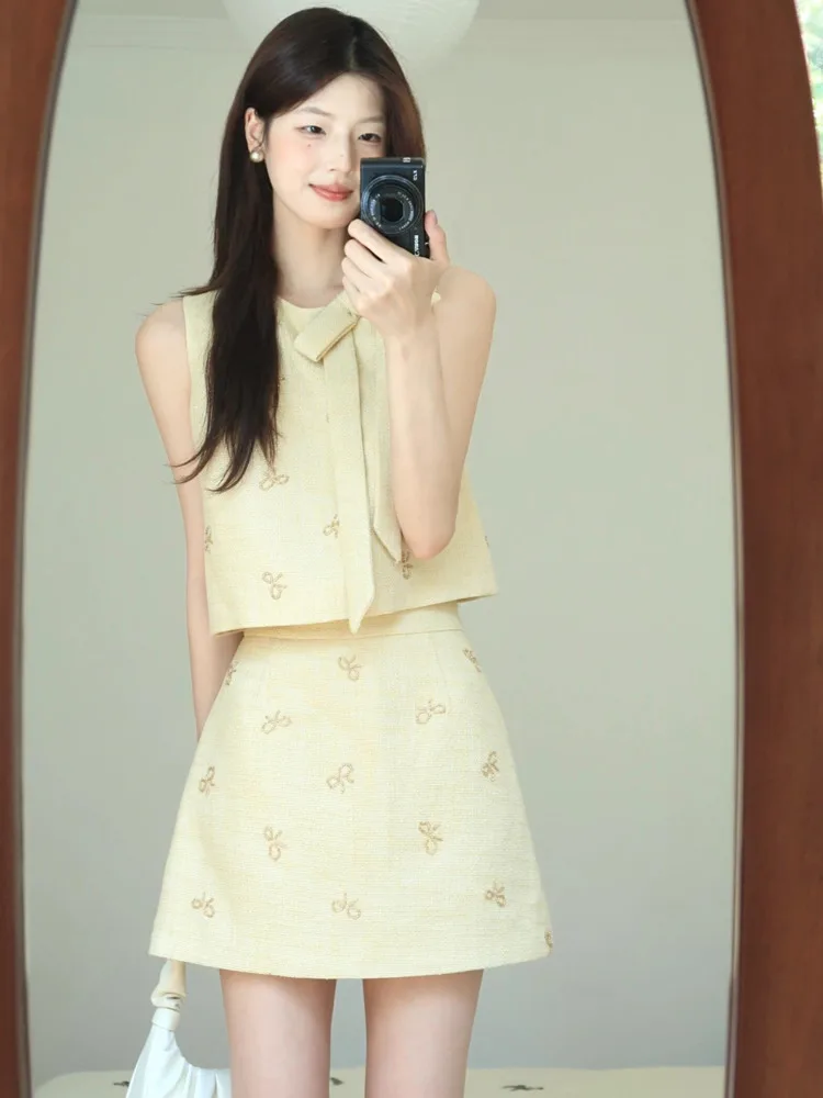 2025 ฤดูร้อนหรูหราขนาดเล็กหอม Tweed 2 ชิ้นชุดผู้หญิงชุด TANK Crop Top + ชุดกระโปรง conjuntos femininos elegantes
