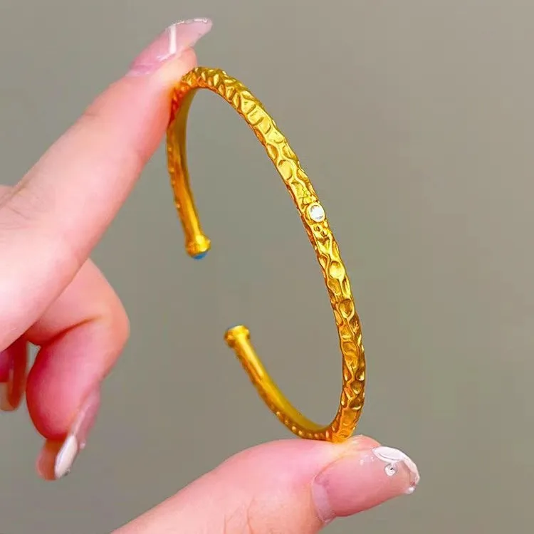 9999 Traditional Green Wave Flowing Shadow Bracelet, 24K Genuine Gold Color Solid Open Ring Chinese Traditional National Trend W