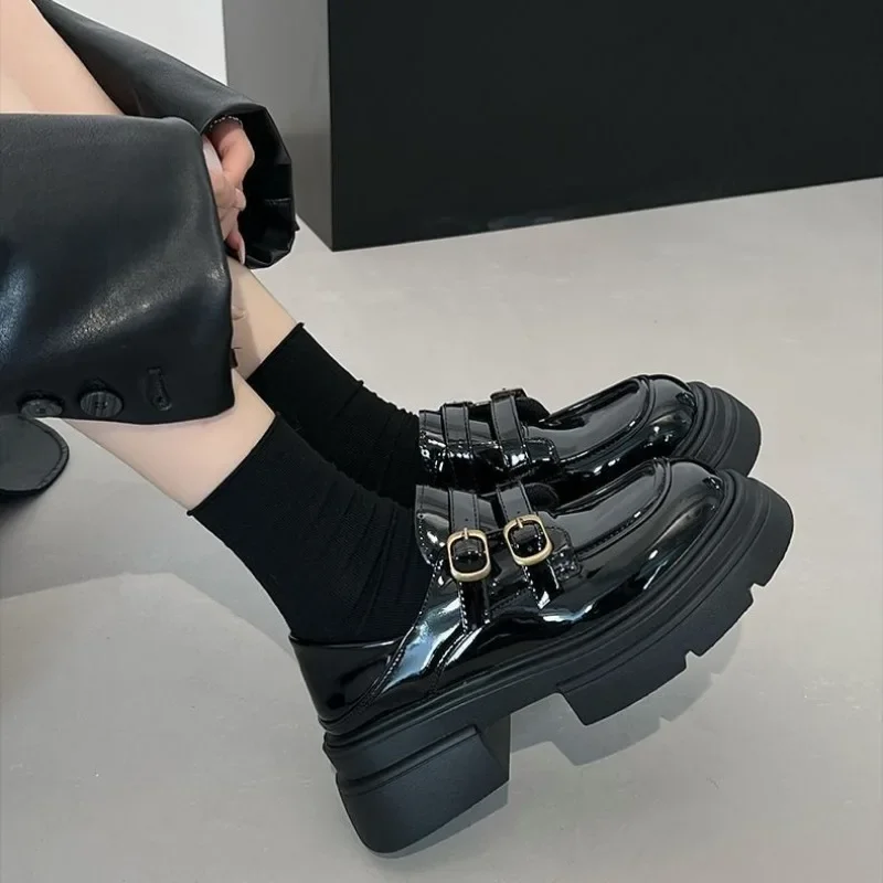 Chunky Platform Mary Janes Shoes Women Patent Leather Gothic Lolita Pumps Woman 2024 New Black Thick Heels Cosplay Loafers Shoes image 5