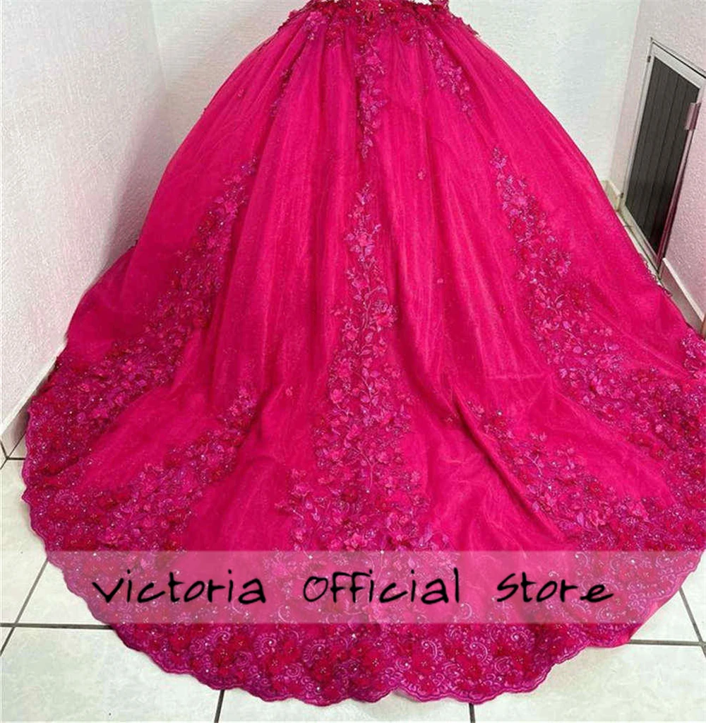 Wowed Hot Pink Lace Appliques Off The Shoulder Ball Gown 15 Dress Quinceanera 2024 Princess Mexican Quince Dress Sweet 16