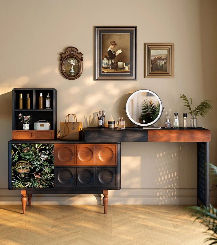 

Bogao Yimu dresser chest integrated French retro master bedroom ash wood solid wood dresser medium and ancient style makeup tabl