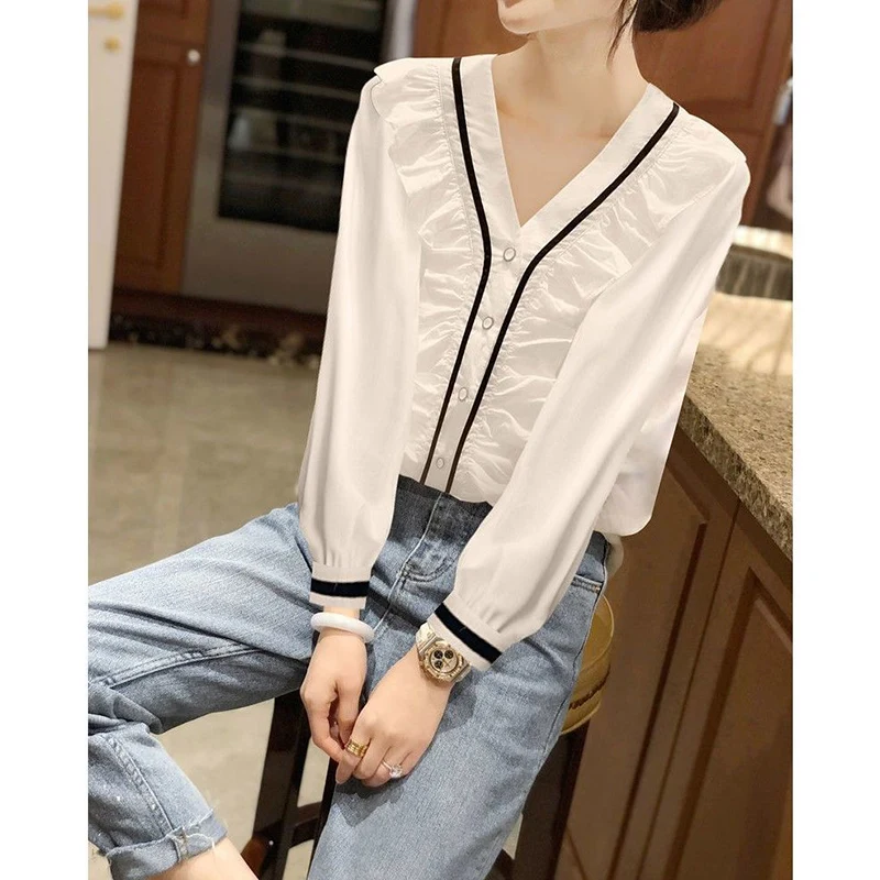 Spring Summer New Korean Style Sweet Diagonal Collar Ruffles Lace Patchwork Elegant Fashion Blouse Top Women Loose Casual Shirts