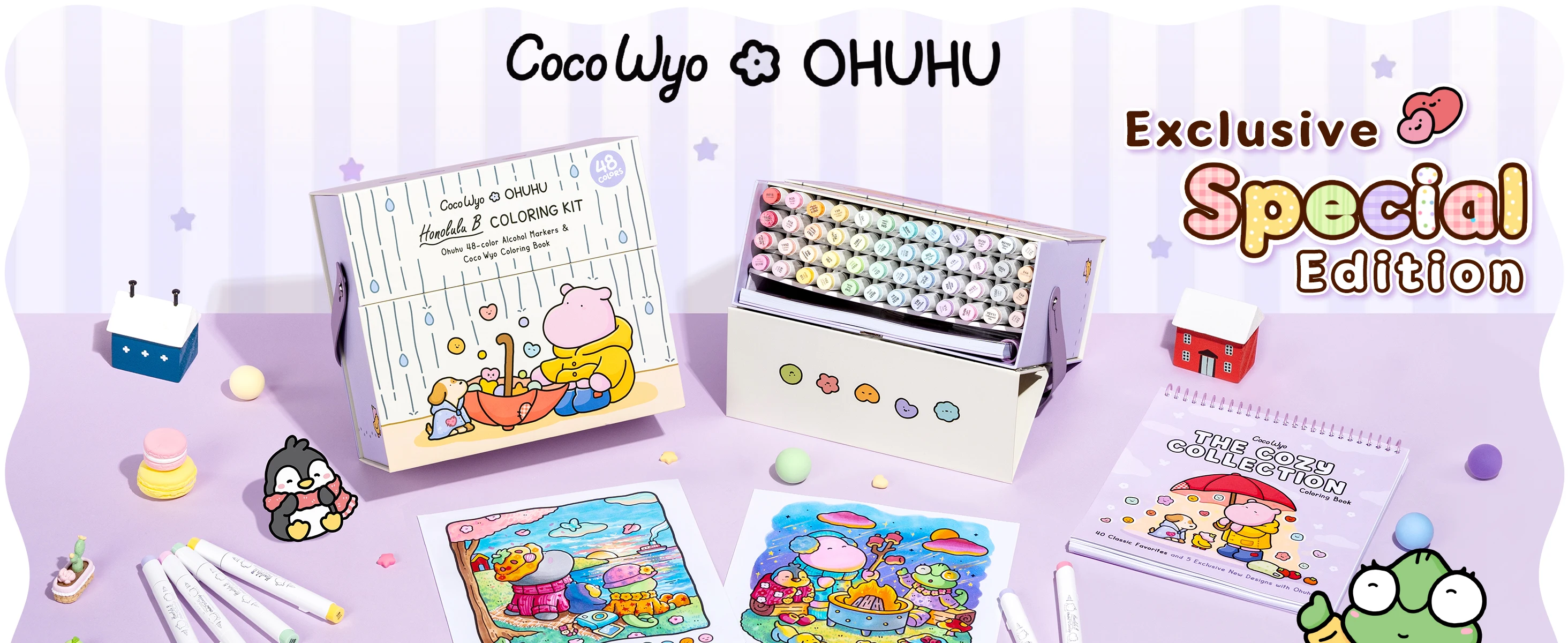 Ohuhu × Coco Wyo Malset 48 Alkoholmarker & Malbuch Stimmungs-Malset, Honolulu B 48 Farben mit Pinsel- & Feinspitzen – Detail 1
