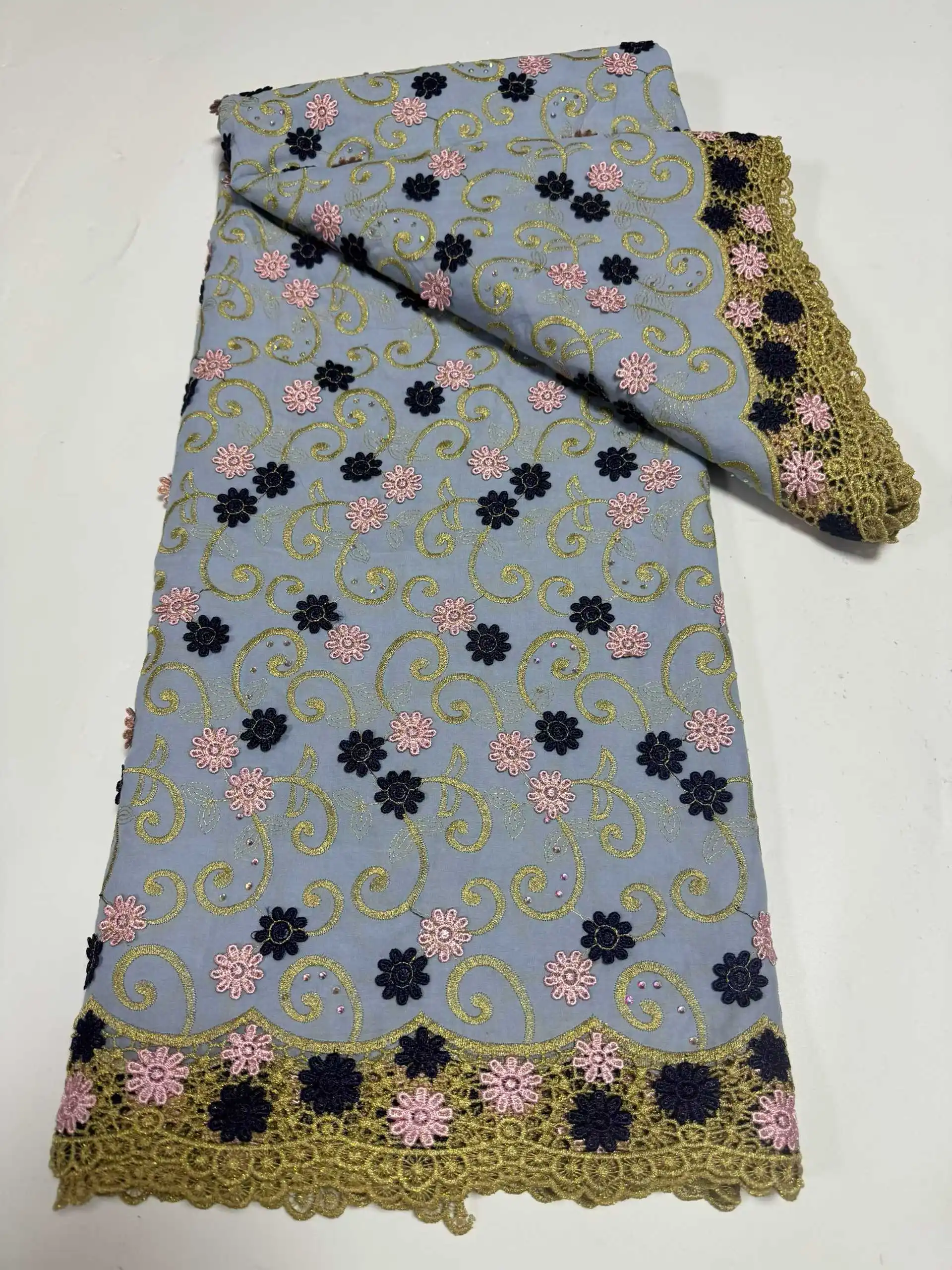 3d Bloemen Applique Voile Kant Stof Kwaliteit Nigeriaanse Afrikaanse Katoenen Stof met Stenen voor Vrouwen Avond Jurken SZ1355