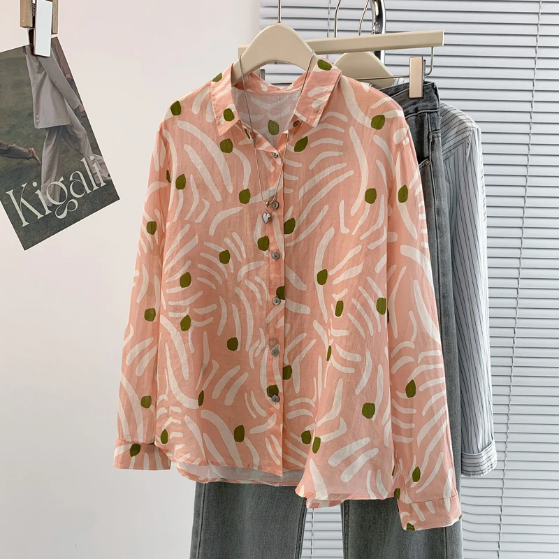 엘리 순면 롱 슬리브 프린트 셔츠 스퀘어 칼라 오픈 가디건 루즈핏 봄 가을 패션 캐주얼 여성 상의