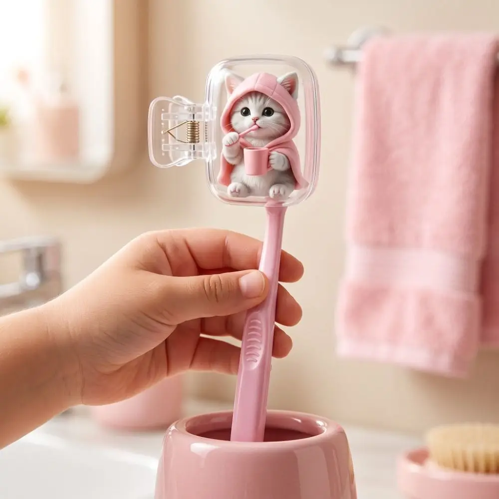 2pcs Portable Toothbrush Head Cover Kitten Dog Printed Waterproof Travel Toothbrush Protector Dust-proof Transparent