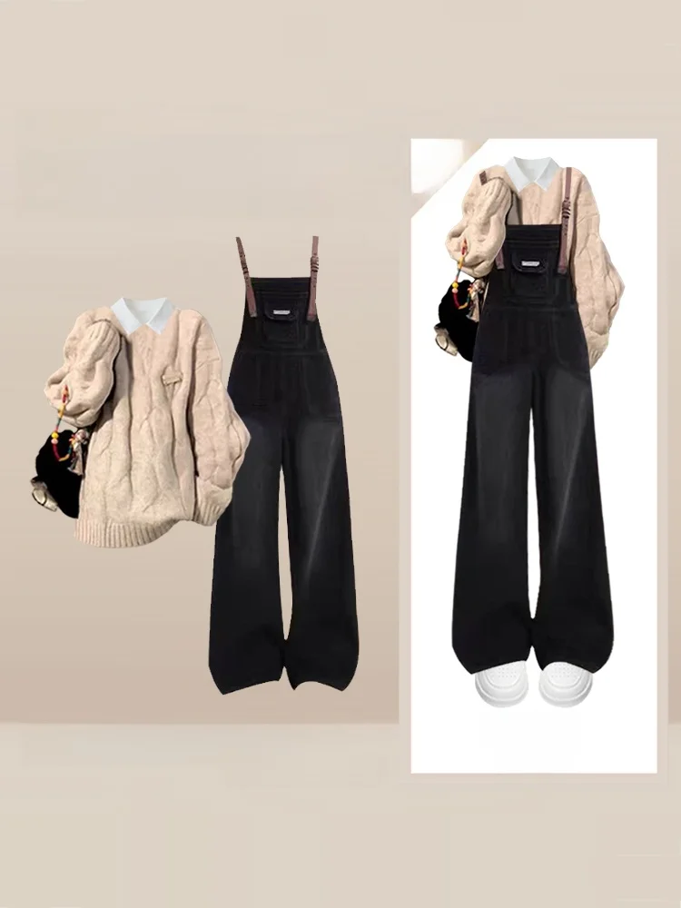 

Loose College Sle Overalls Set Women's Anti-Aging round Ne Sweater irt Wide Leg Jeans Tee Piece Set Autumn Winter