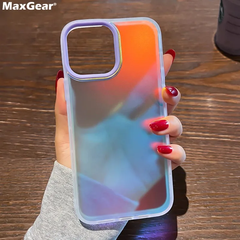 Luxury Matte Aurora Reflective Laser Epoxy Case For iPhone 15 14 13 12 11 Pro Max XR X XS 7 8 Plus SE Discoloration Bumper Cover