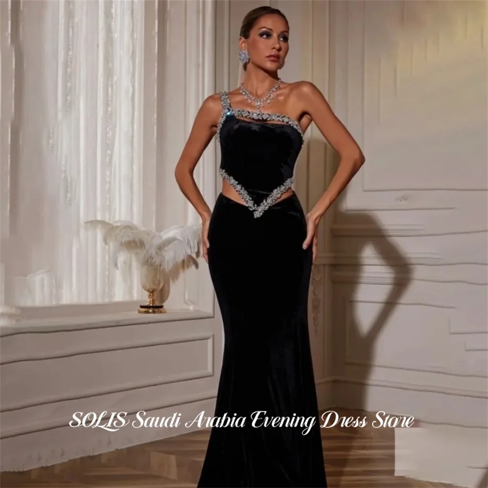 

SOLIS Black Evening Dresses One Shoulder Prom Dresses Crystal Trim Party Formal Gown Cut Out robe de bal for Woman Customized