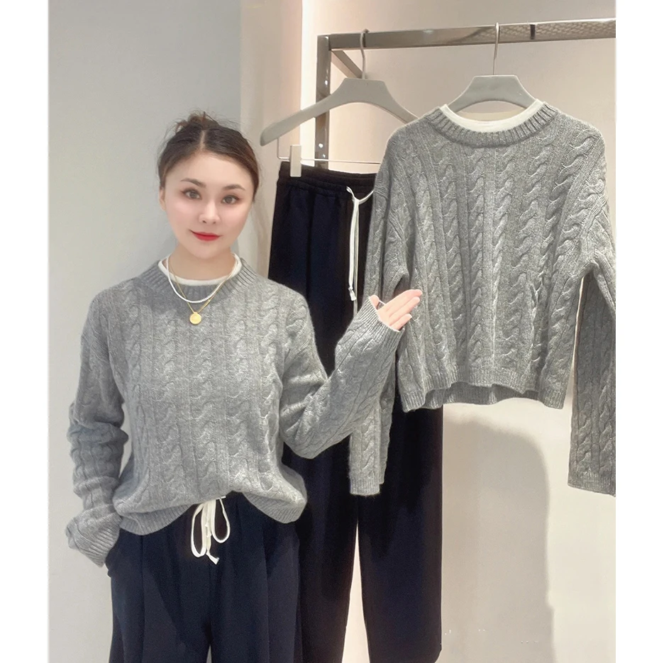 

Вязаный свитер Ele Camere для женщин, с круглым вырезом, коротким рукавом, повседневный, удобный, весенний, модный, имитация двухслойности