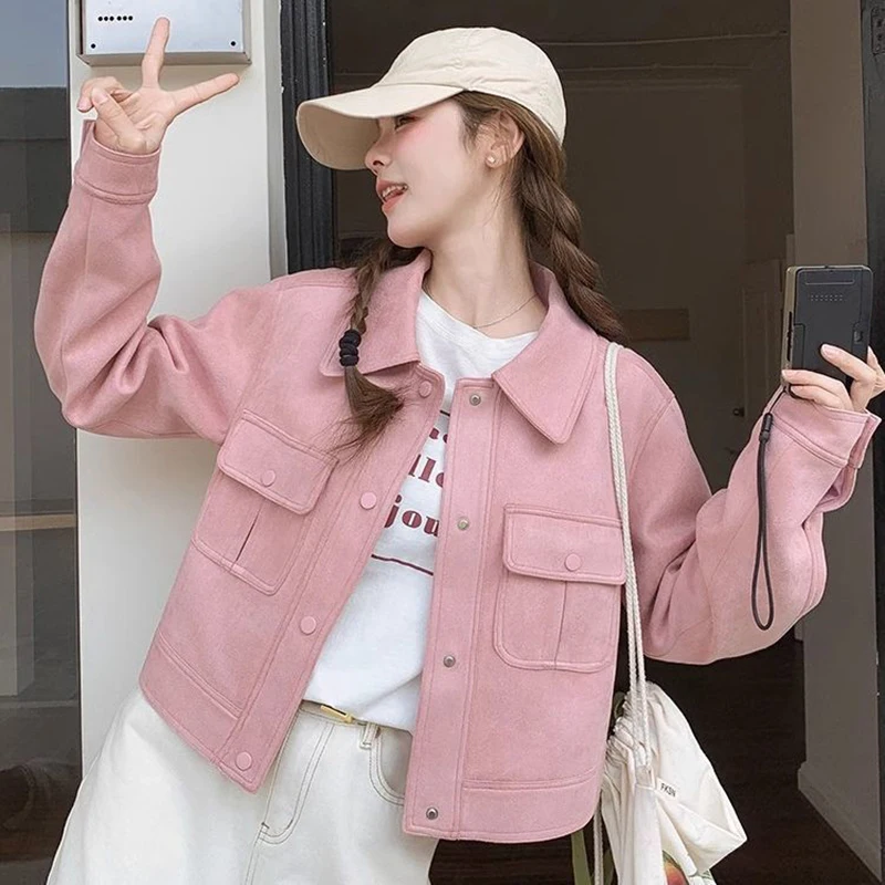 Pink Sweet Pocket Jacket Women Fashion Faux Suede Turn Down Collar Cropped Jacket Spring Autumn Casual Loose Chic Outwear New