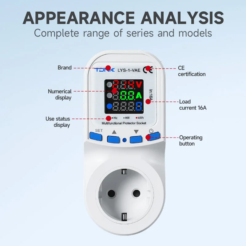 16A EU Socket Plug Refrigerator Protector with over under Current Voltage Protection Power Consumption kWh Energy Meter Voltmete