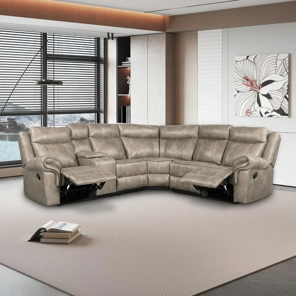 L-Shaped Reclining Sofa, Sectional Couch with 2 Cup Holders, USB Ports, Hidden Storage, 2 Power Sockets, Living Room Sofas