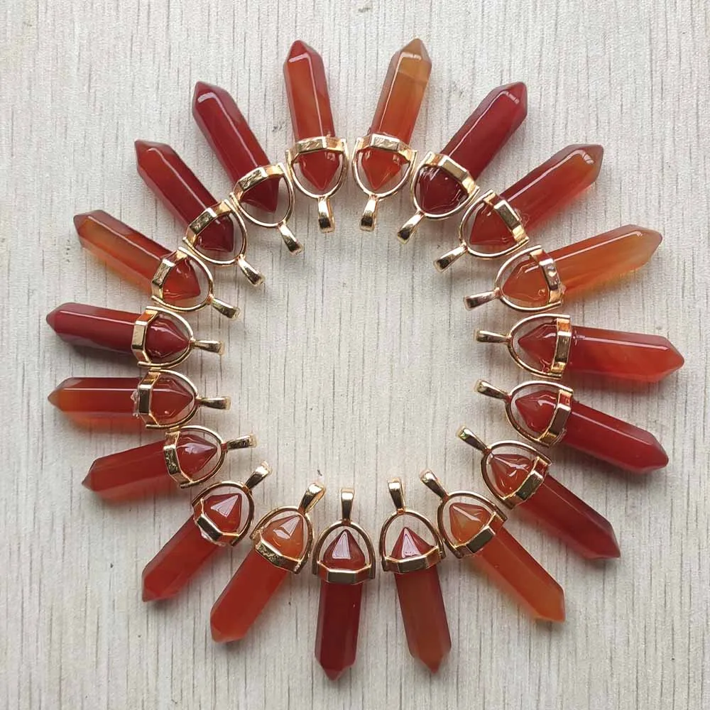 

Fashion natural red agates point pillar gold color alloy pendants for women and men jewelry making 24pcs Wholesale free shipping