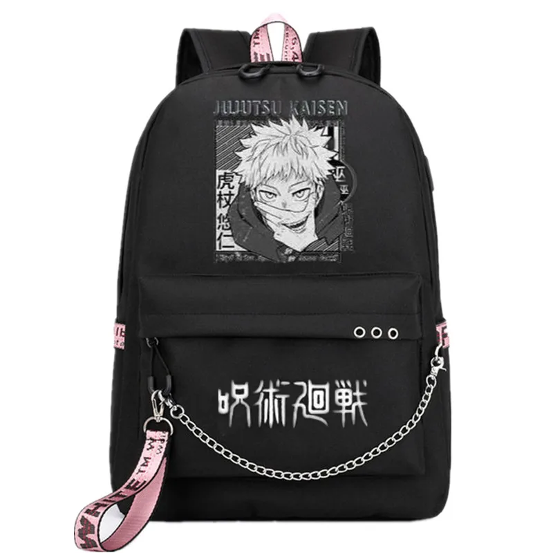 Anime Jujutsu Kaisen USB Backpack Bag School Book Black Mochila Travel Bags Laptop Chain Computer Laptop Bag W/ Headphone