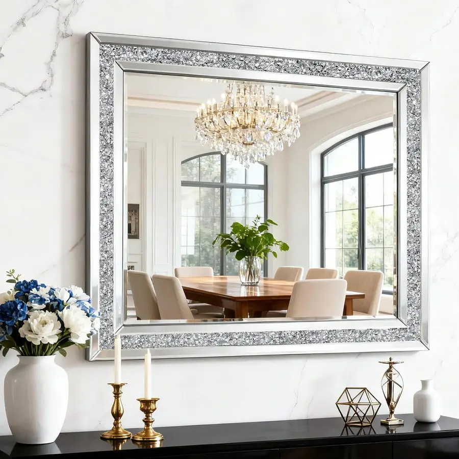 

Wall Mirror, 32x24 Crushed Diamond Mirrors with Crystal for Wall Decor Living Room Silver Luxury Modern Mirrored Home Decoration