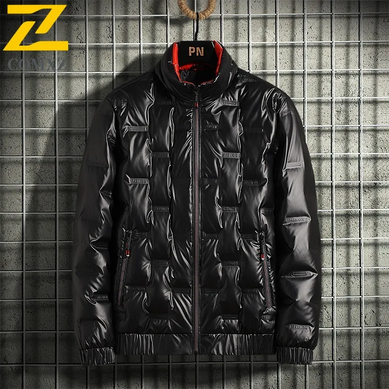 سترة COMXZ الرجالية القصيرة العصرية بياقة واقفة للتنقل والمكتب سترة دافئة لامعة للمشي لمسافات طويلة مريحة معطف شتوي للحماية من البرد