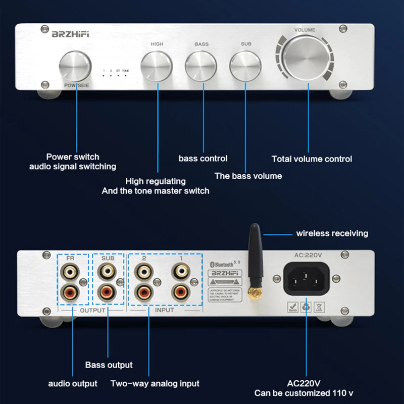 Breeze puro classe a 2.0/2.1 canais pré-amplificador de graves altos ajustável bluetooth 5.0 amplificador decodificação alumínio preto/prata