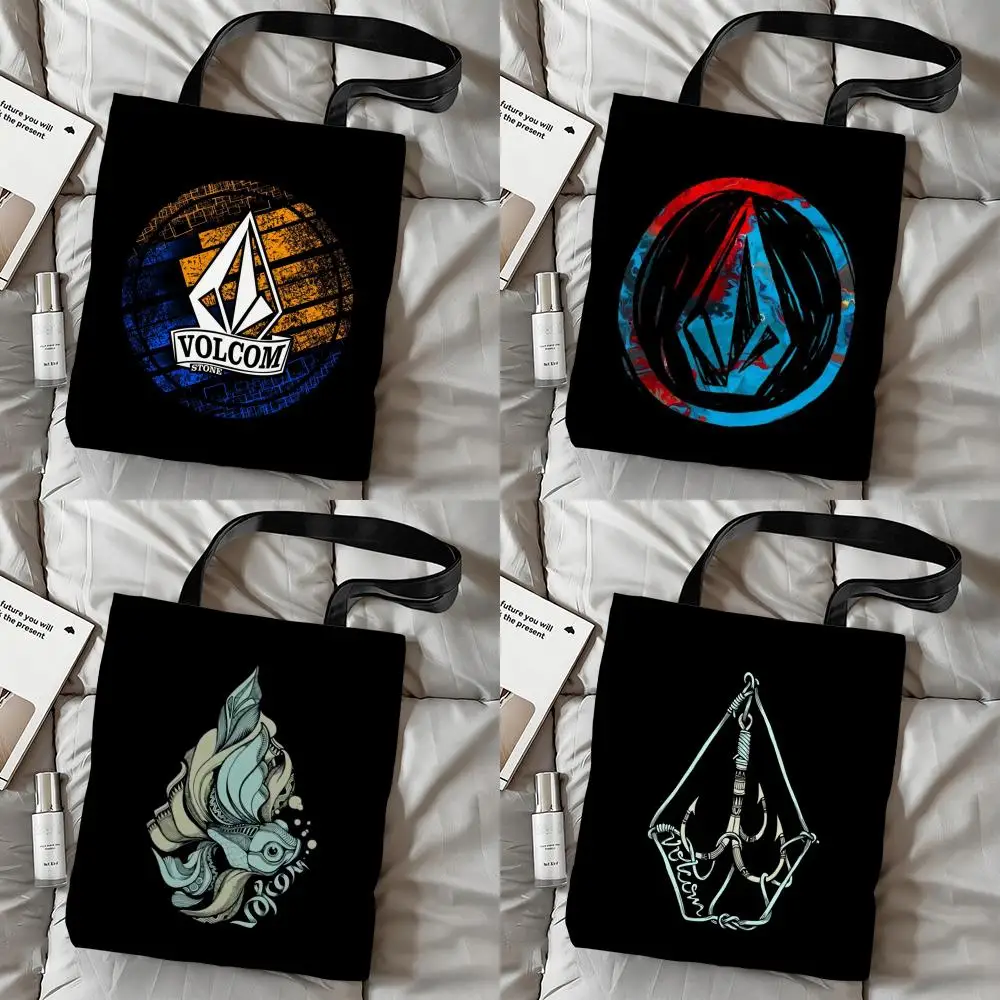 Bolsas de almacenamiento con logotipo de V-Volcom, bolso de lona con estampado de doble cara, bolso de hombro de gran capacidad a la moda para mujer
