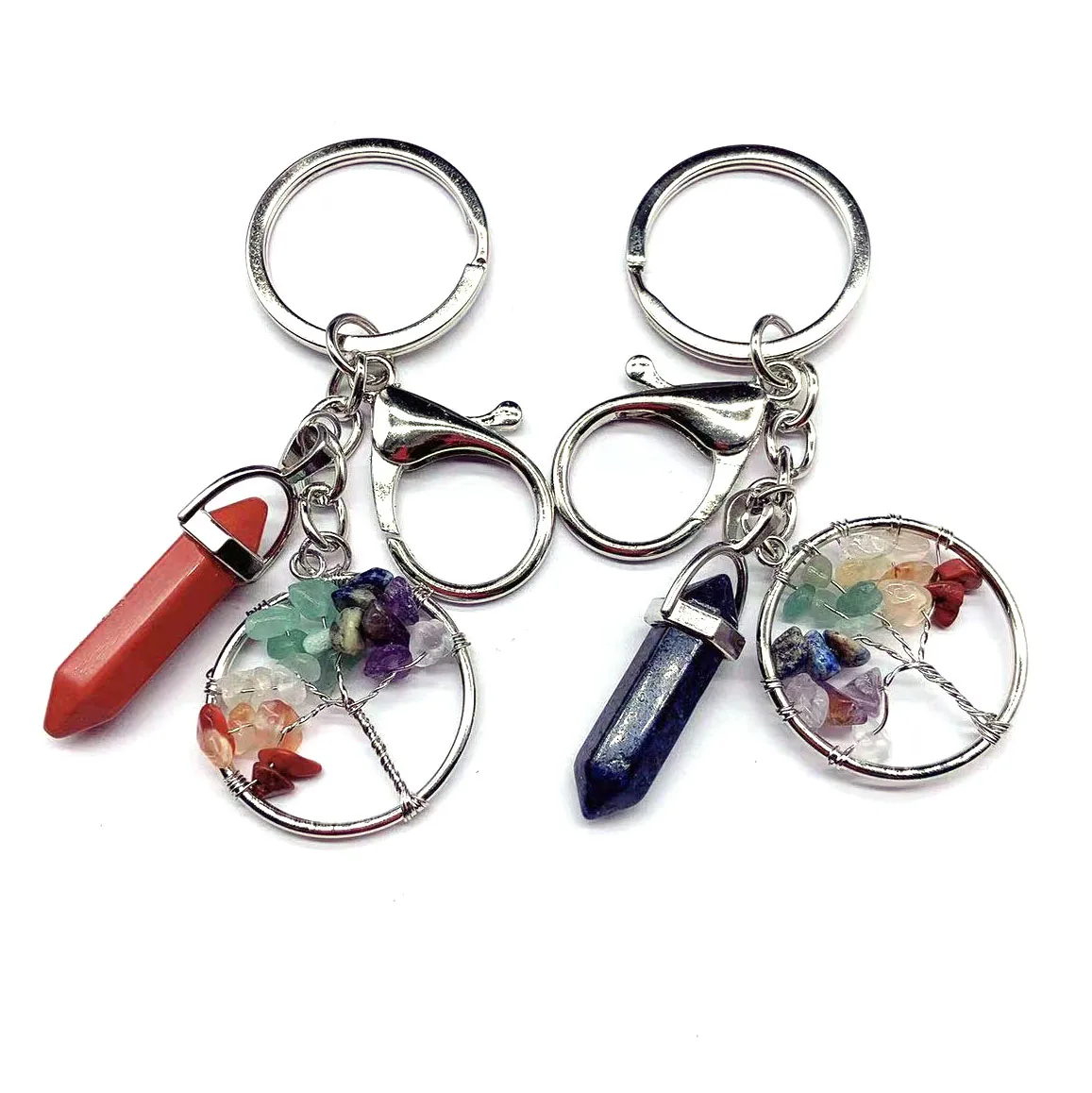 10pcs Hexagon Prism Charms Key Rings Women Natural Chip Crystal Stone Bead 30mm Tree of Life Keychains Lanyard Wholesale