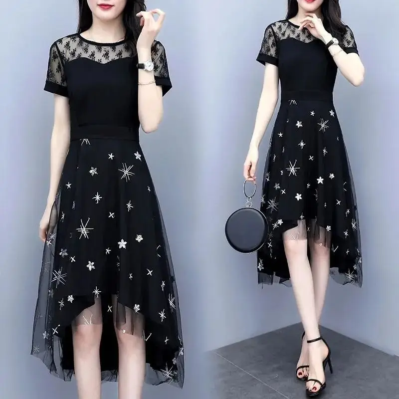 Summer Robe Short Sleeve New Women's Clothing Round Neck Fashion Style Large Size Elegant Female Clothing Loose Slim Lace Dresse