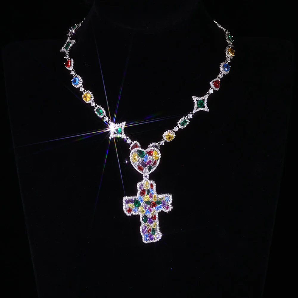 

ESKEEM New Colorful Cubic Zirconia Cross Pendant Bling CZ Diamond Iced Out Charm Necklace Hip Hop Jewelry Christmas Day Gift