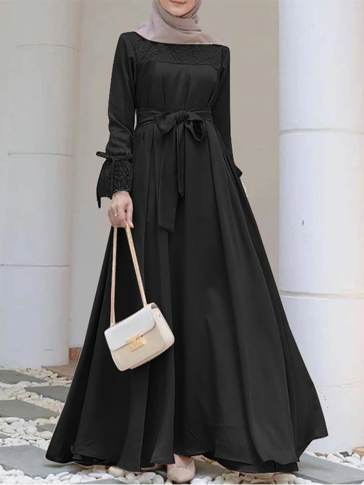 ZANZEA Women Fashion Muslim Dress Long Sleeve Lace Patchwork Vestidos Eid Mubarek Abaya Sundress Elegant Maxi Long Robe Oversize