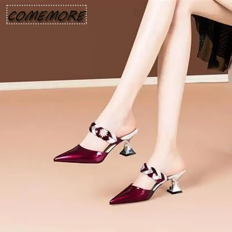 Summer New Thick Crystal Heels Korean Style Pointed High Heel Luxury Party Women's Shoes Fashion Slippers Wedding Shoes Bridals