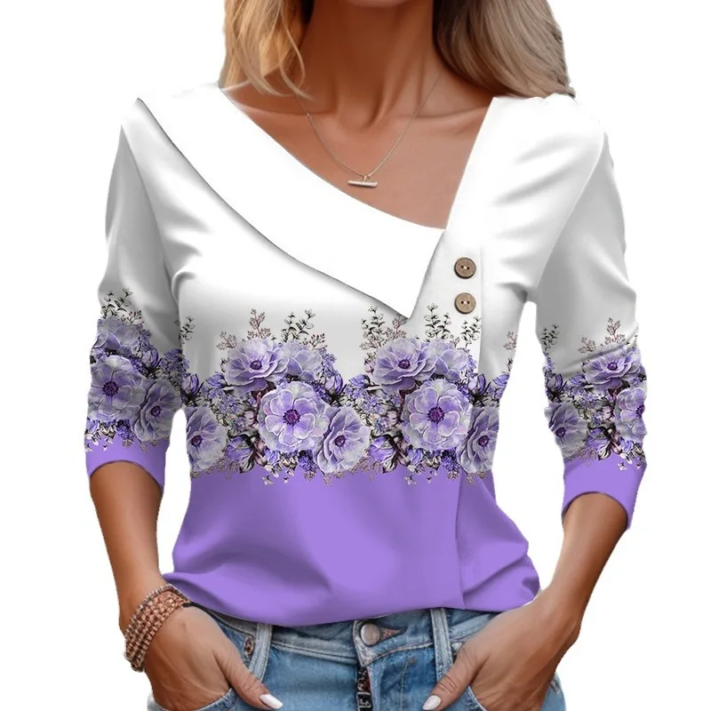 Fashionable Women's Spring And Autumn New Casual Shirt Elegant White Printed Long Sleeved Diagonal Collar Colorful Button Blouse