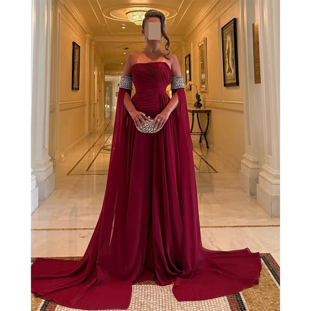 

Burgundy Evening Dress Strapless Pleat Chiffon A Line Modern Evening Gowns for Women Floor Length Wedding Guest Dress Customized