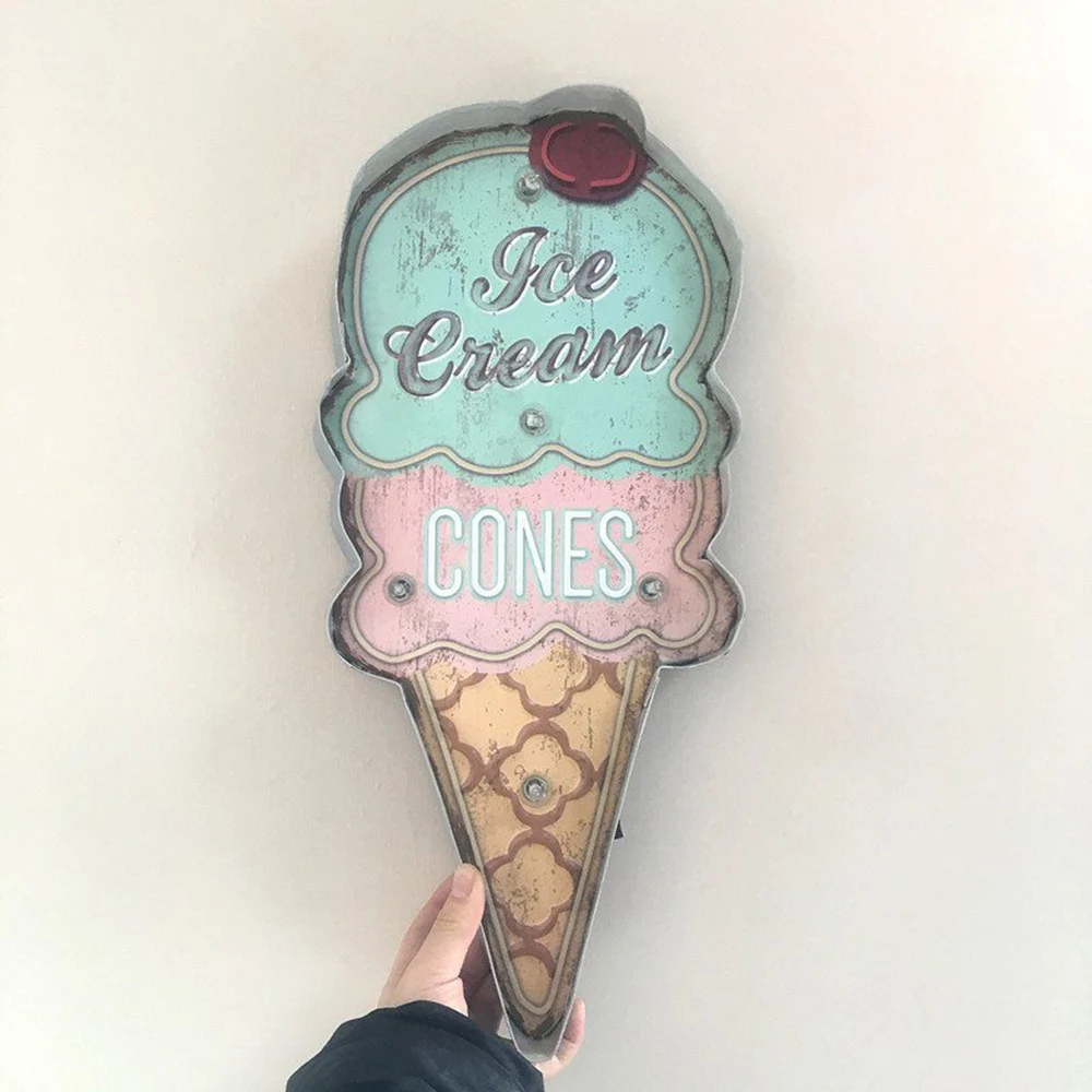 Ice Cream Cones LED Light Neon Sign Vintage Home Wall Hanging Decor Metal Signs Advertising Signboard For BAR Cake Bakery Shop