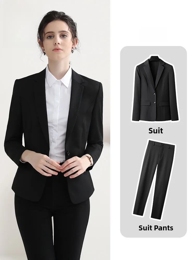 Elegant Professional Suiting Women's Black Suit Set for Interview Public Servant Formal Wear Slim Fit Button Decoration Sleeve