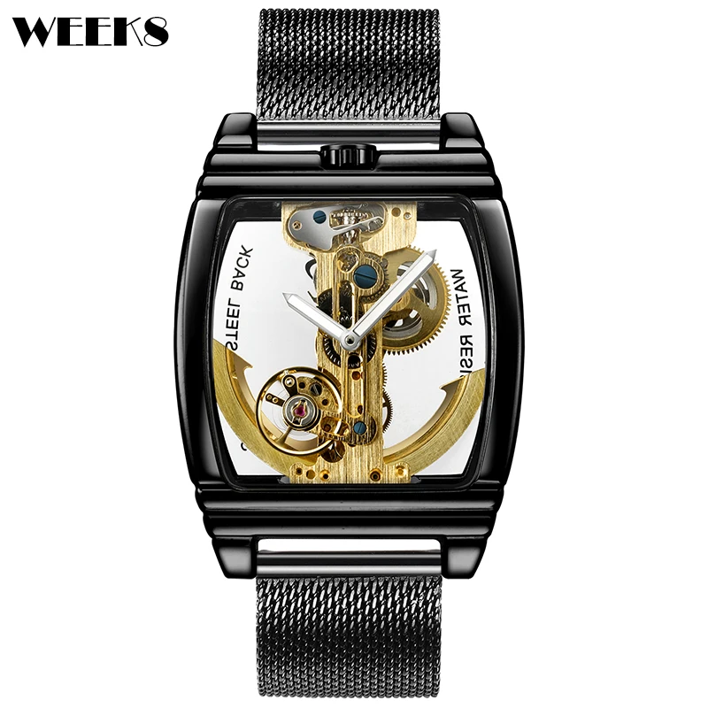 

Tourbillon Automatic Mechanical Watch for Men Gold Case Luxury Tonneau Shaped Transparent Dial Luminous Male Winding Wristwatch