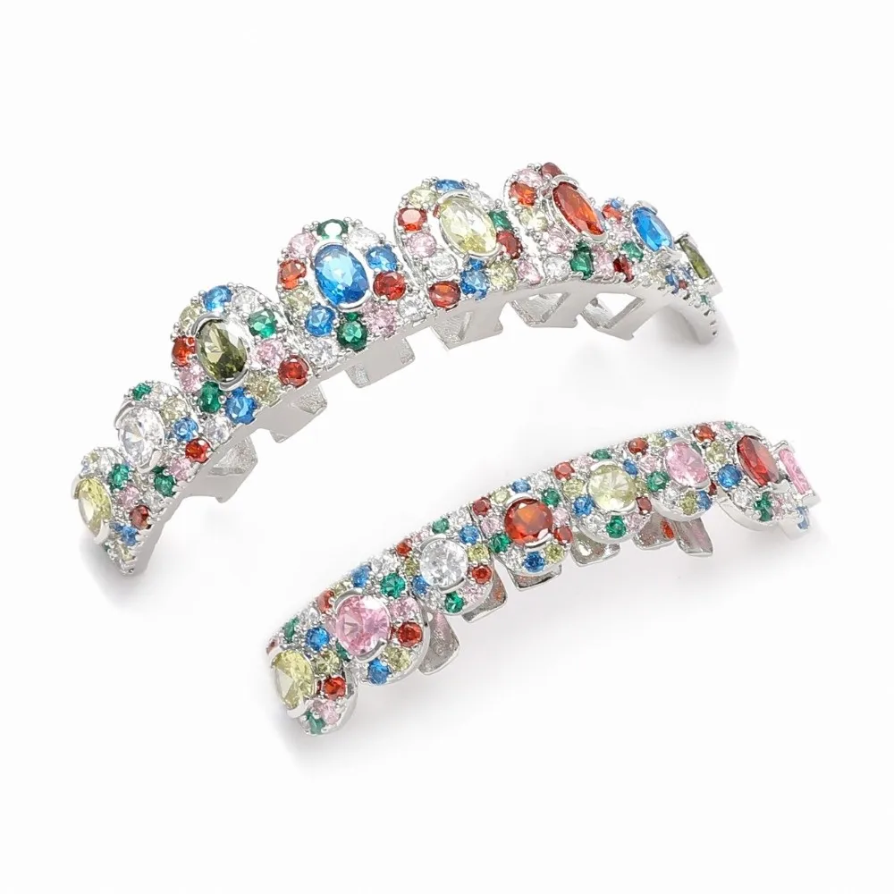 1Pc/set Rainbow Teeth Grillz Top Bottom Set Hiphop Anti Slip Teeth Grillz Caps Eco-friendly Copper Shiny Teeth Jewelry Rapper