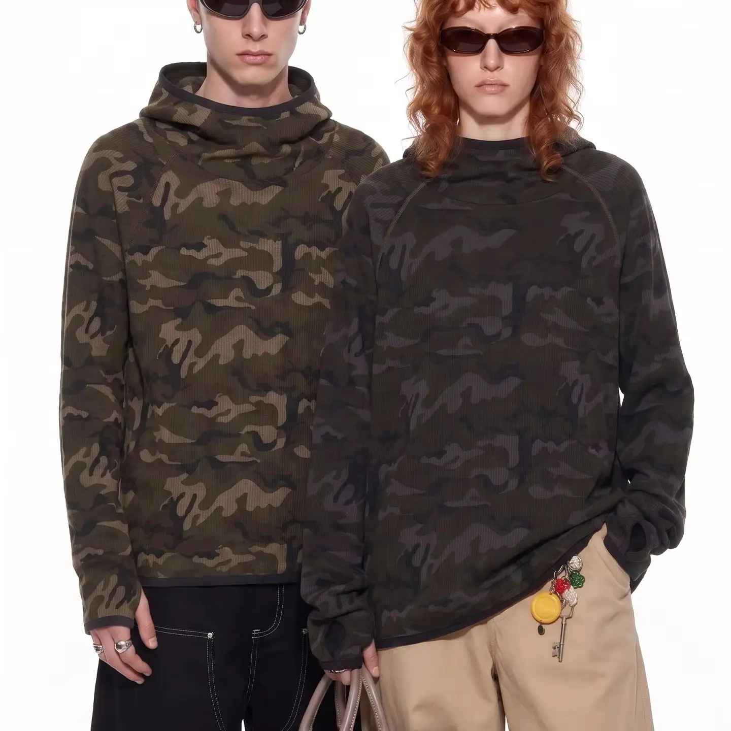 Street Style Waffle Knit Camouflage Hooded Sweatshirt 2026 Fresh Item American Windproof Hoodie Long‑Sleeve Army Green Outdoor