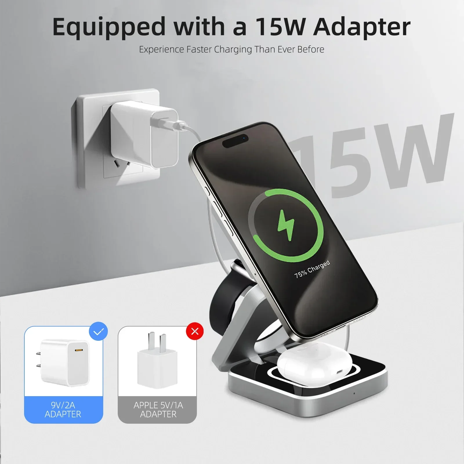 Travel Magnetic Wireless Charging Station 3 in 1 for IPhone 15 14 13 12 Pro/Max,Apple Watch 8, AirPods 3/2,Foldable Phone Hold