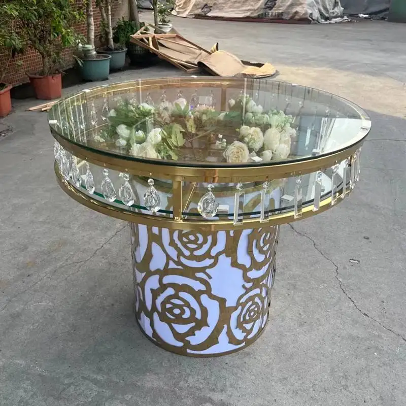 XX-Events Decoration Mirror Glass Top Circle Luxury Gold Stainless Steel Round Wedding Cake Table With Crystals^