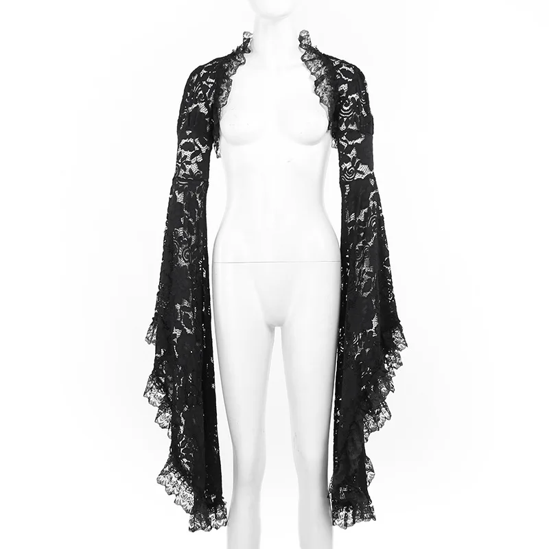 Gothic Classic Lace Cover Ups Damen Mesh Crop Top Durchsichtig Sexy Flare Sleeve Bluse Y2k Schwarz Rave Outfit Festival