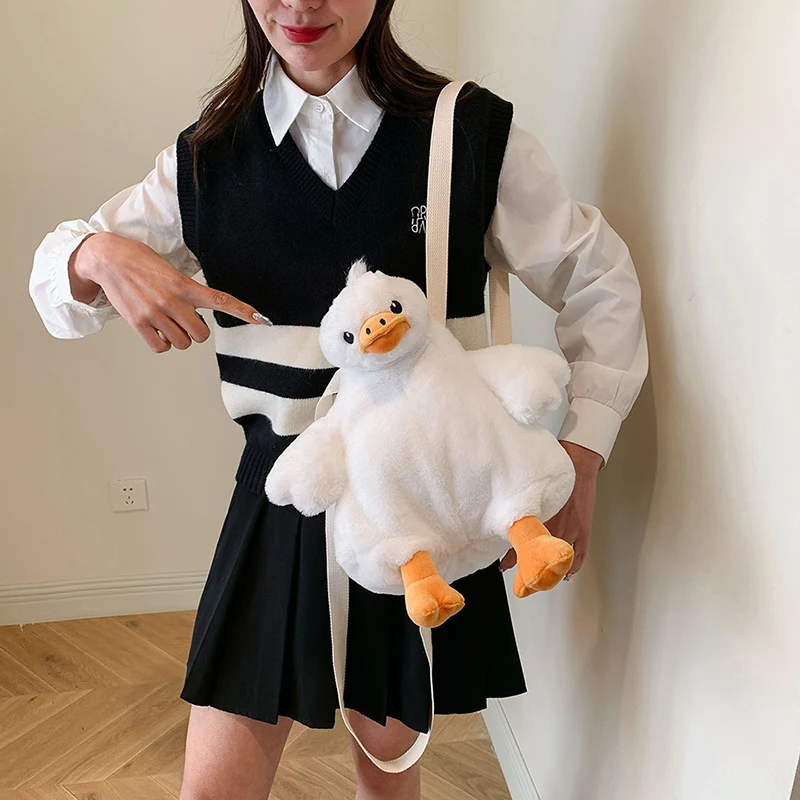 Novelty Plush Cartoon Backpack Cute Duck Fluffy Soft Shoulder Bag Women Furry Design Schoolbag Adjustable Strap Fashion Knapsack