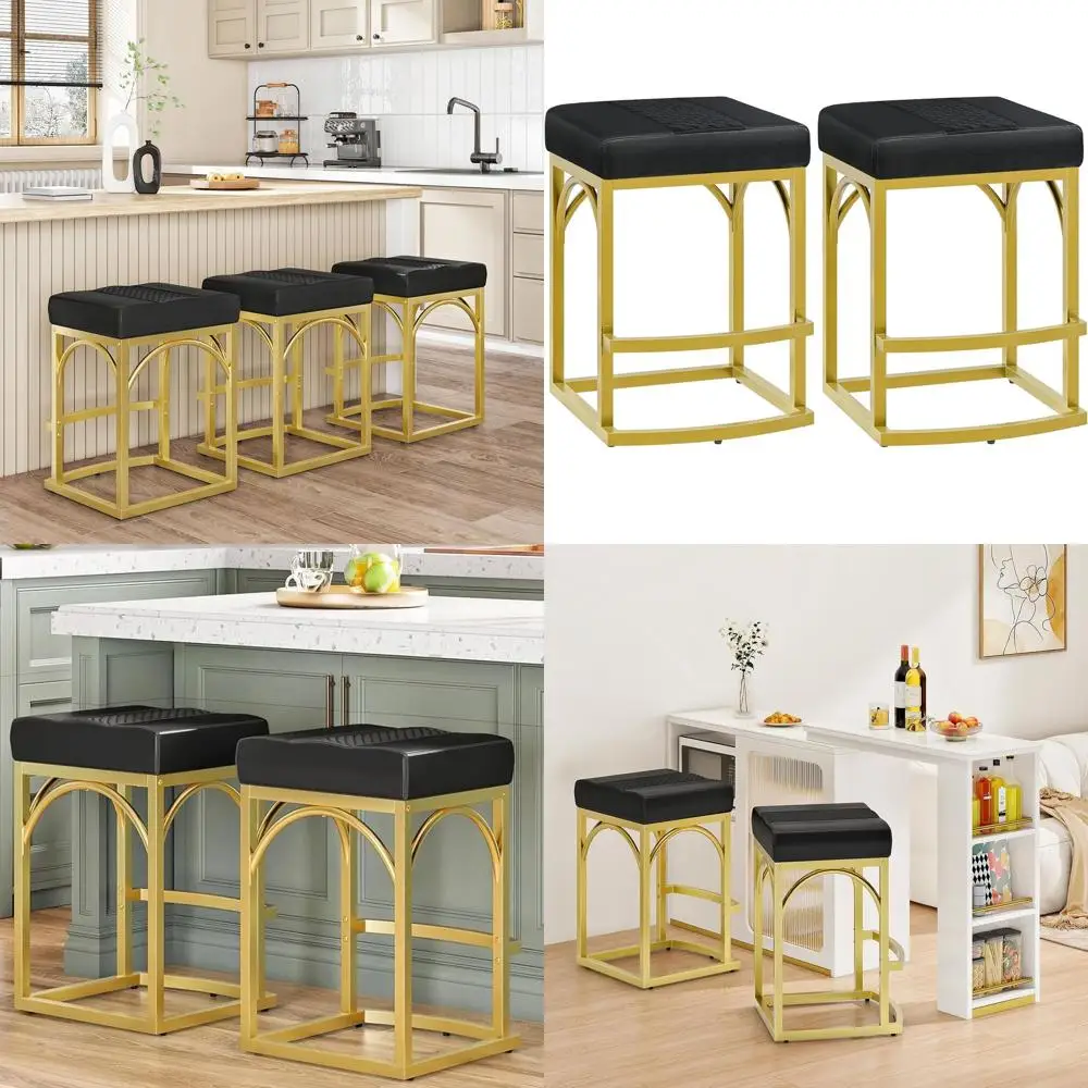 

Pair of 24.4 High PU-Padded Metal Bar Stools, Curved Footrest, Gold & Black, Ideal for Kitchen, Living Room, Bar BD80BYP201