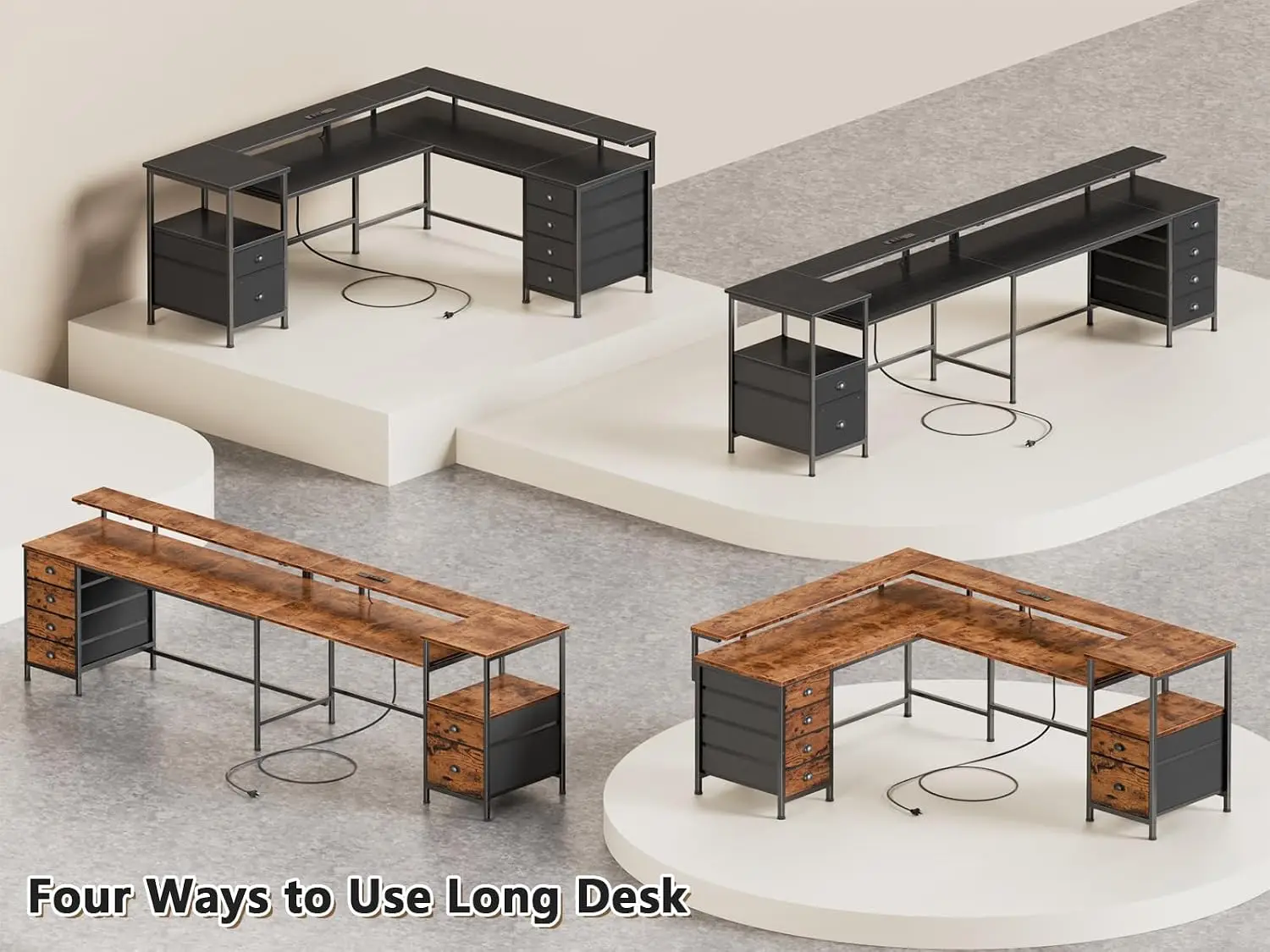 Brand new 66'' L Shaped Gaming Desk with 6 Drawers, LED, Outlets, Black