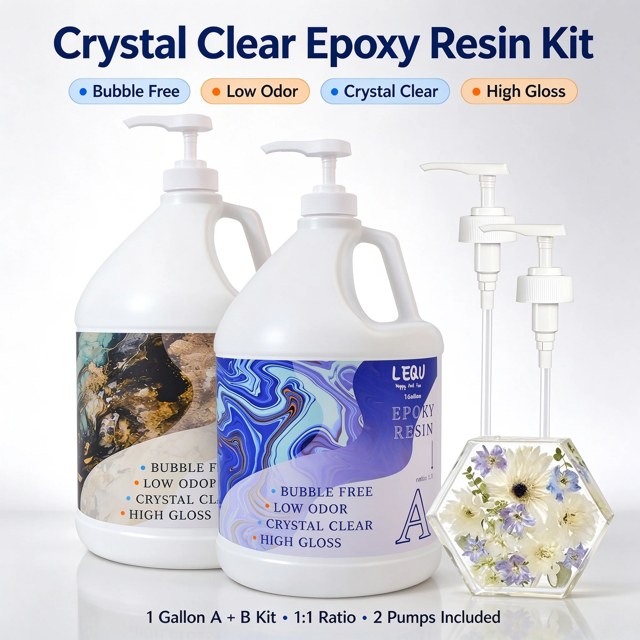 1 Gallon Epoxy Resin Kit 1:1 Mix Ratio, Crystal Clear High Gloss Bubble Free Low Odor Epoxy Resin with Pump Dispenser for Resin Art Casting DIY Jewelry Tabletop